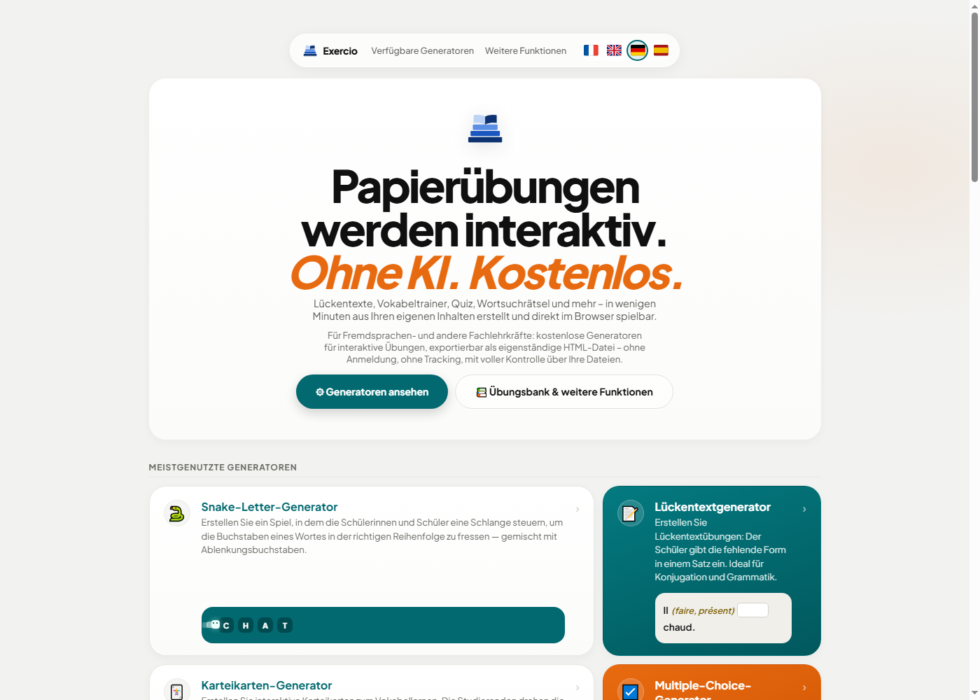 Startseite von Exercio.net mit den verfügbaren Generatoren