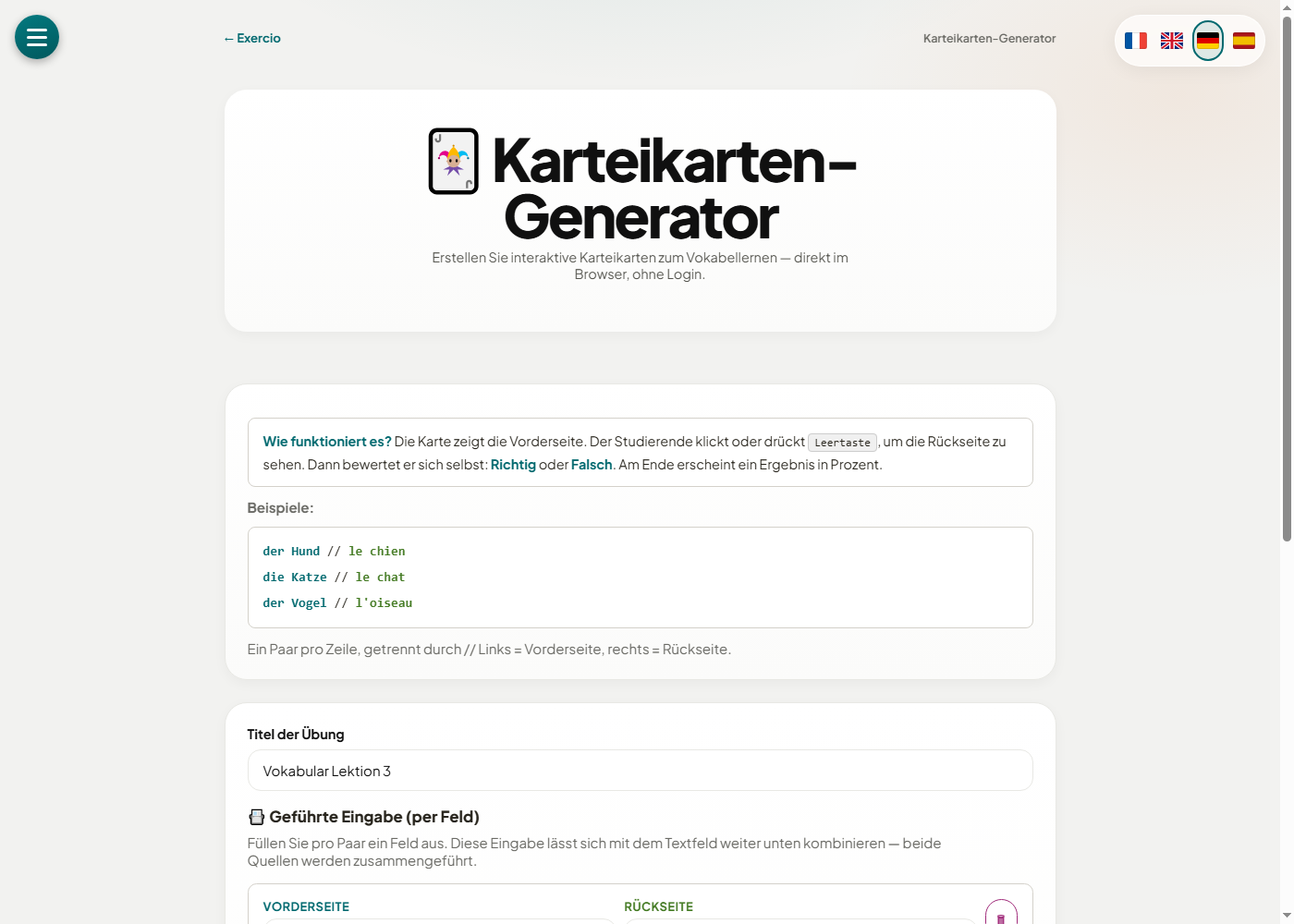 Oberfläche des Karteikarten-Generators