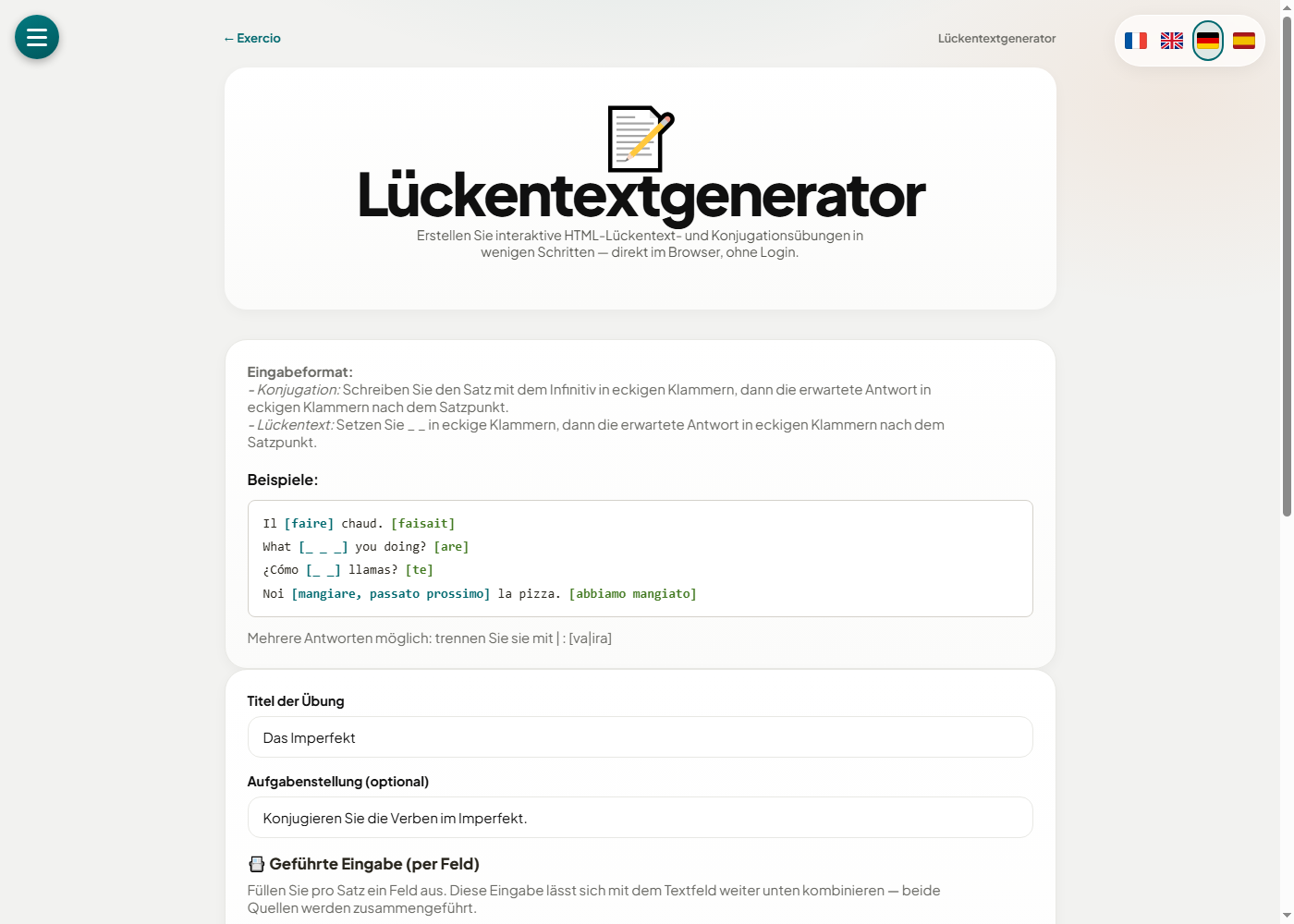 Oberfläche des Lückentextgenerators