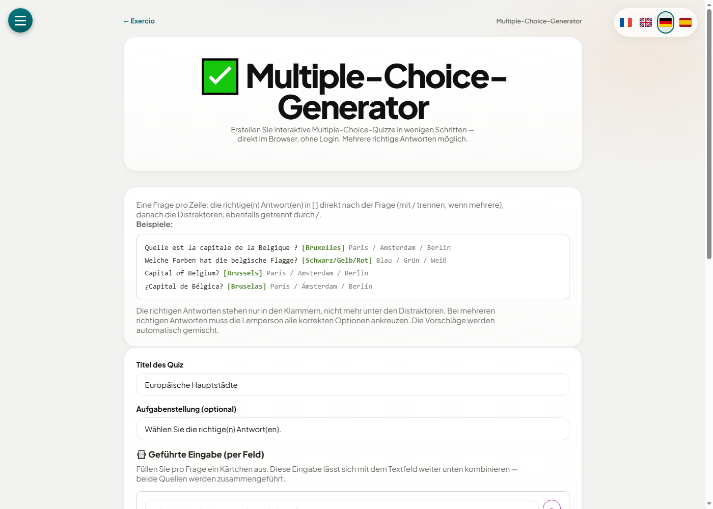 Oberfläche des Multiple-Choice-Generators