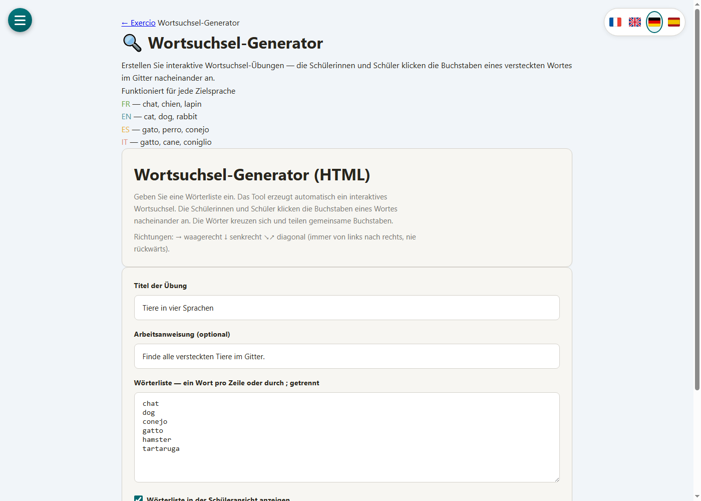 Oberfläche des Wortsuchsel-Generators